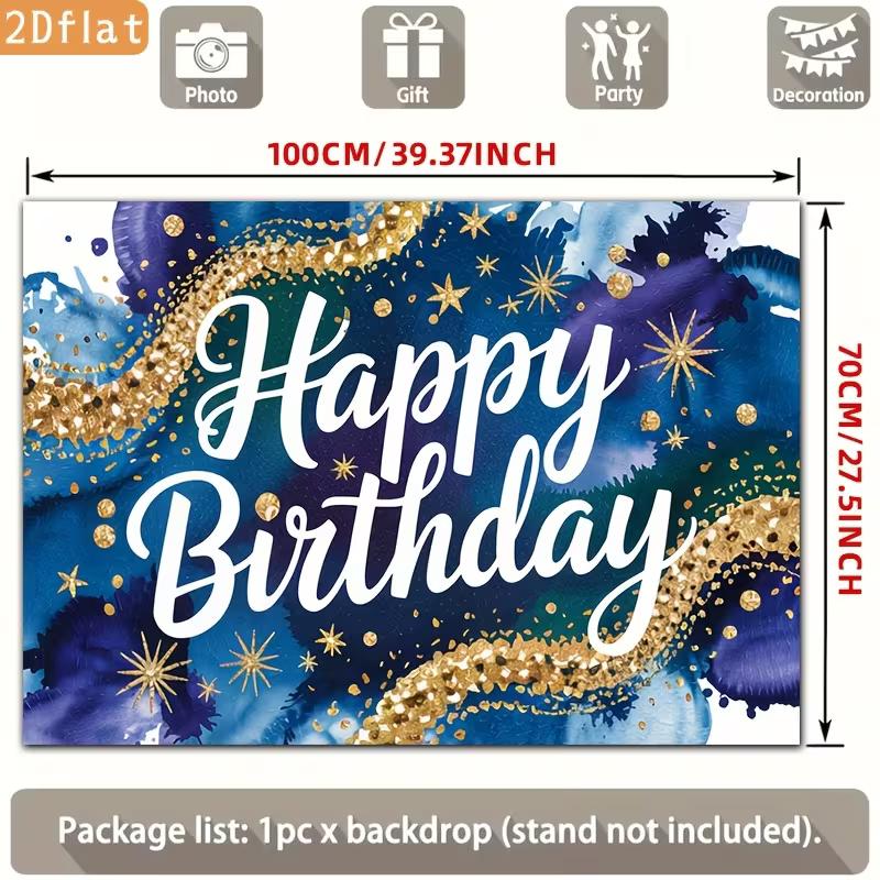 2D Birthday Photography Backdrop Blue Gold Watercolor with Star and Confetti Background