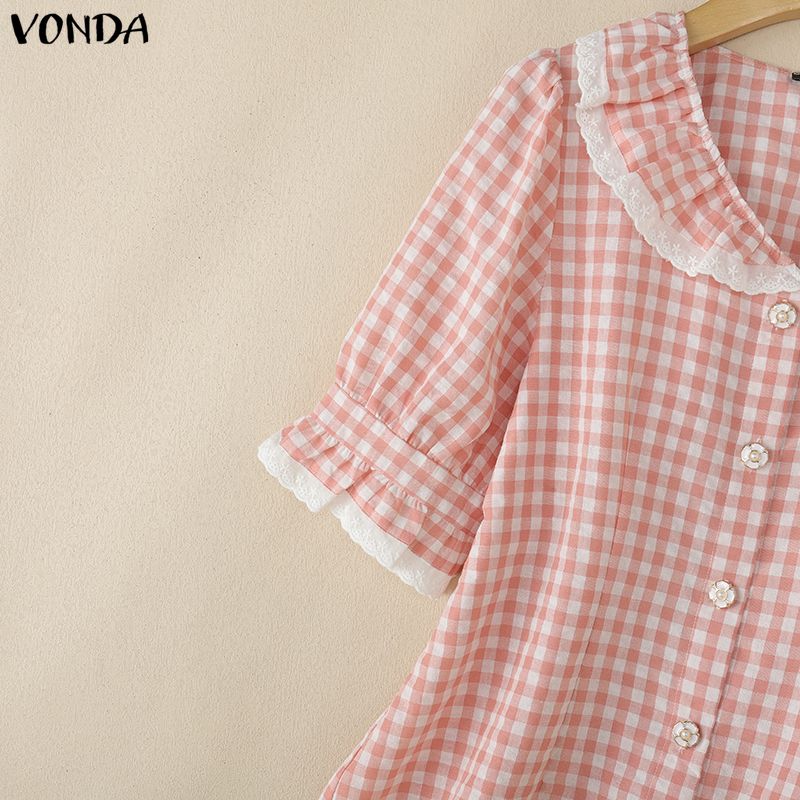 VONDA Topuri casual pentru femei, cu guler rever, mânecă scurtă, cusătură, imprimeu carouri