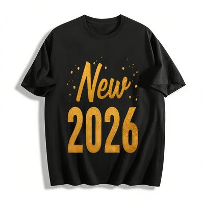 New Year 2026 Gold Print Casual Loose Fit Versatile Top Pure Cotton T-shirt