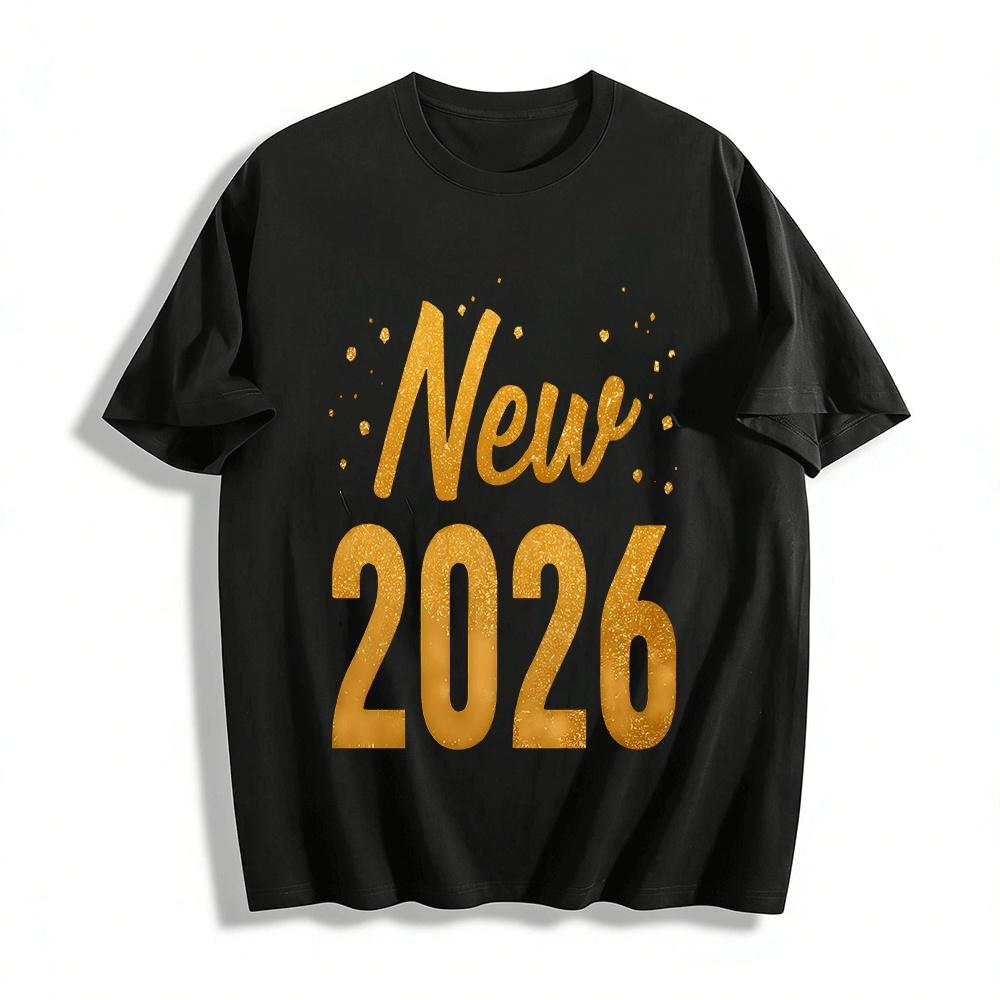 New Year 2026 Gold Print Casual Loose Fit Versatile Top Pure cotton T-shirt XXS