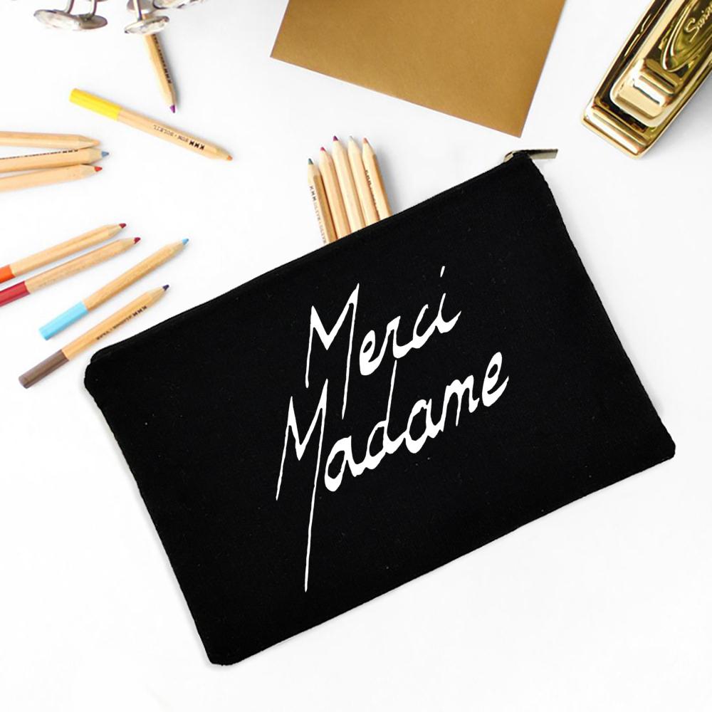 Merci Madame Print Pencil Bag Large Capacity School Stationery Supplies Storage Bags Travel Make Up Bag Year-end Gift for Madame