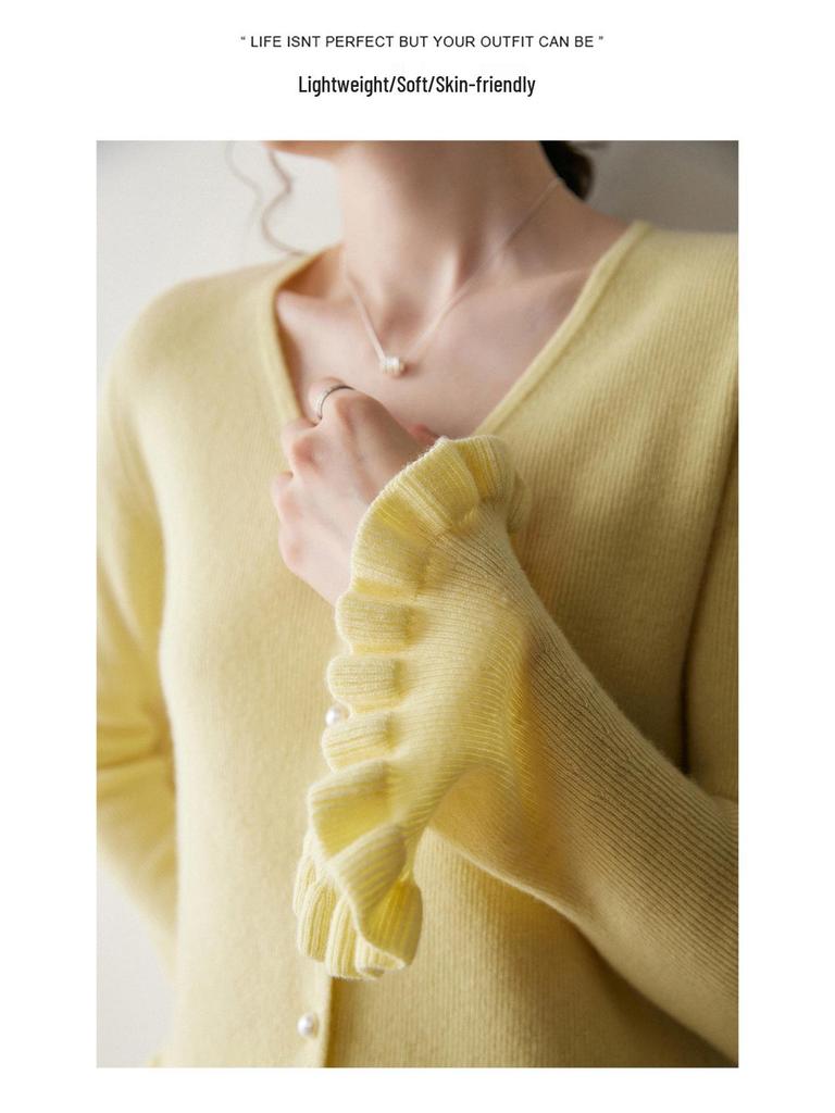 Women's V-neck Ruffle Bell Sleeve Cashmere Cardigan - Soft Knitted Loose Fit Sweater