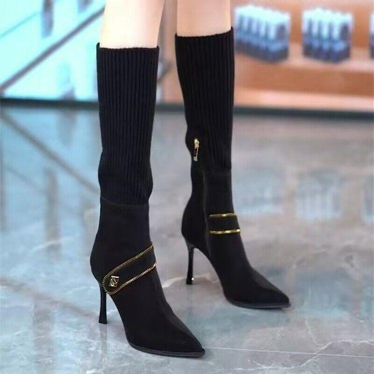Sexy metal belt buckle pointed high heels but knee boots women's new knitted elastic boots for autumn and winter 2025