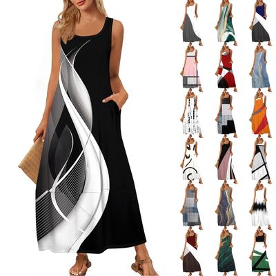 Women's Fashion Casual Maxi Skirt Summer Beach Skirt Round Neck Sleeveless Loose Color Block Stitching Print Sundress