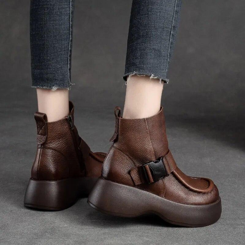 Johnature Versatile Retro Short Boots Thick Sole Genuine Leather Boots Comfortable Women's Shoes