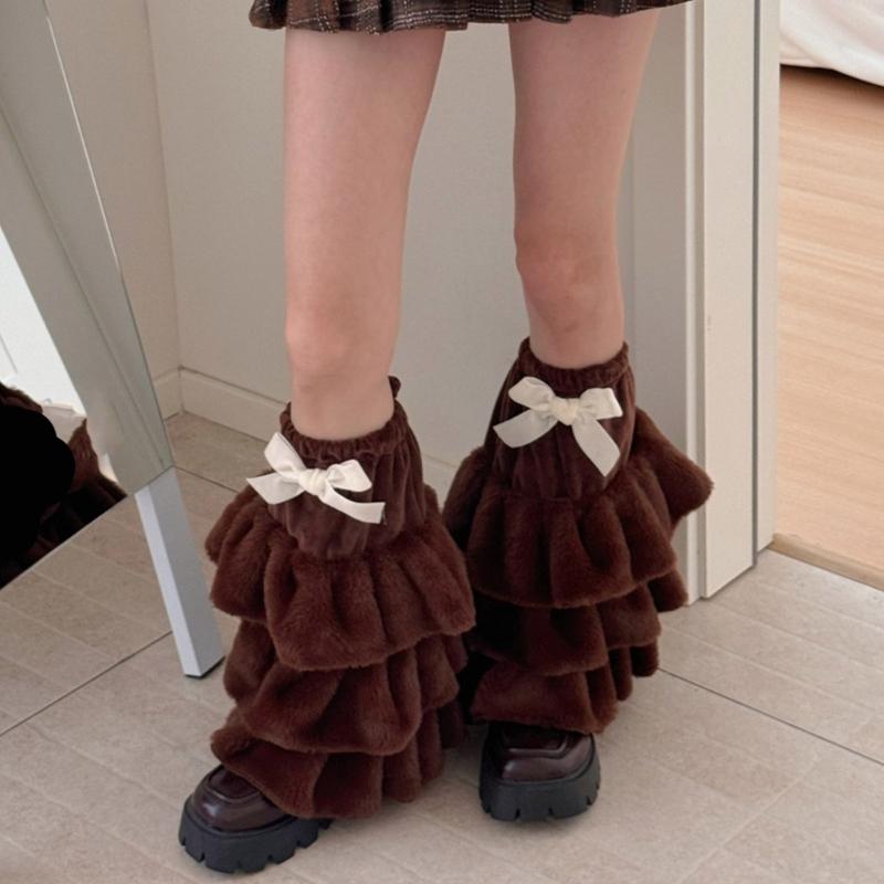 Women Plush Tiered Ruffle Leg Warmers with Bowknot Fuzzy Winter Boot Cuffs Thick Warm Furry Foot Covers Footless Socks
