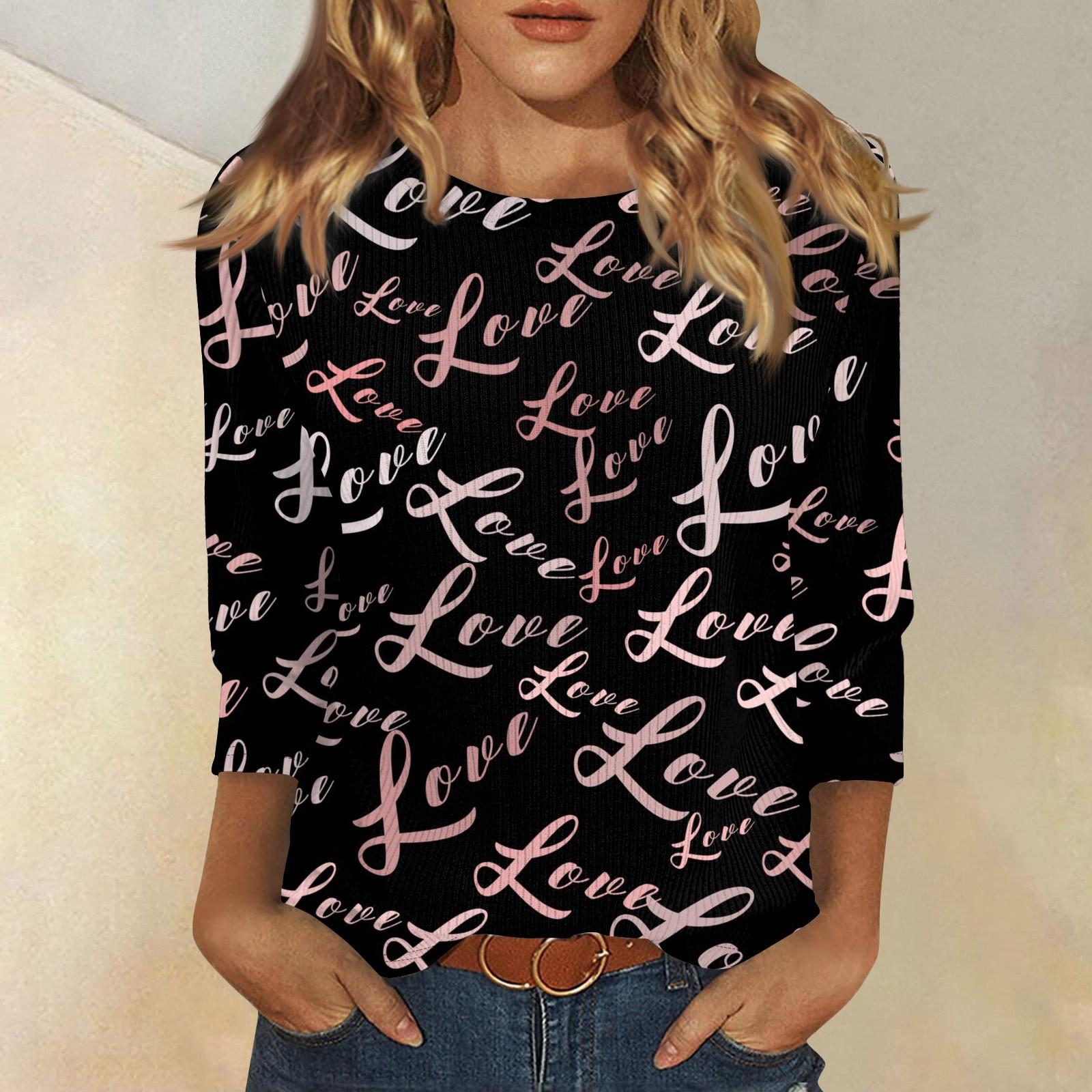 

Женская модная зимняя повседневная футболка с круглым вырезом и принтом в полоску ко Дню святого Валентина, рукав три четверти, женская одежда M чёрный