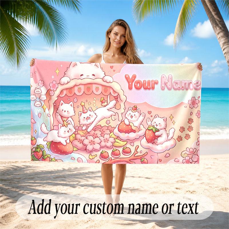 Cat Theme Soft Beach Towel Personalized Custom Name Text Towel Portable for Beach Pool Travel