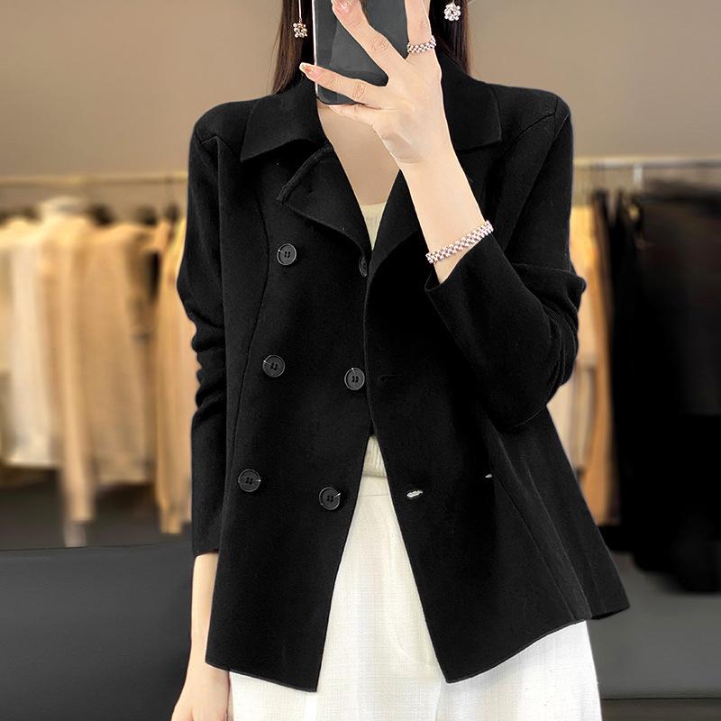 Dámská jarní a podzimní bunda k obleku Módní Temperament Jednobarevná Klopa Pletený Top Krátká bunda Cardigan