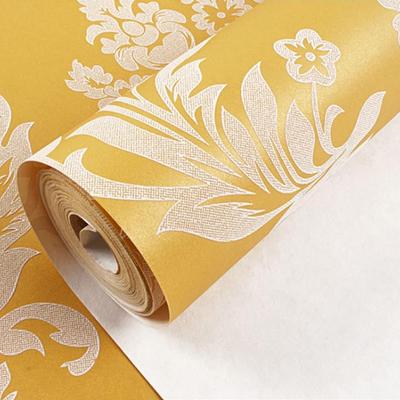 A Roll of Non-self-adhesive Thickened High-grade European Luxury Yellow European Flower Pattern Non-woven Pearl Base Layer Wallpaper