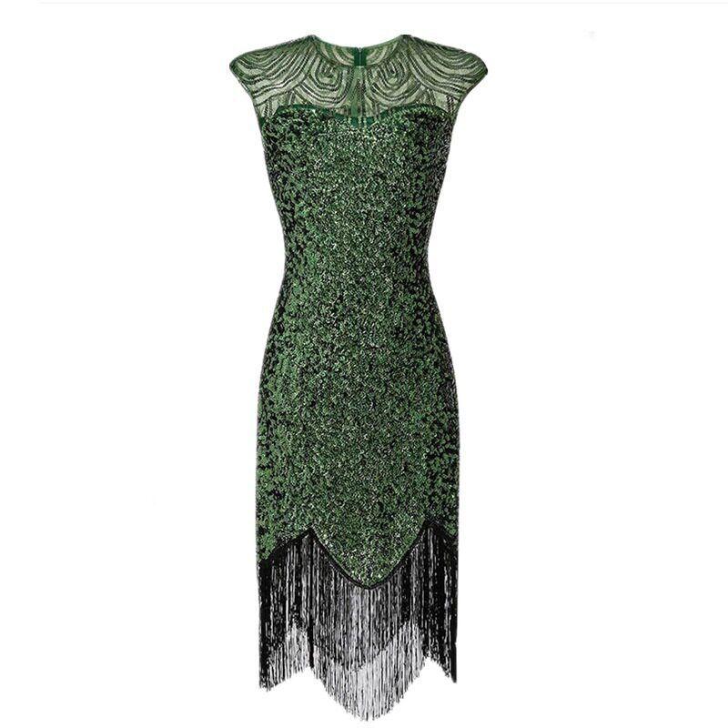 Amazon Popular Banquet Evening Dress 1920 Retro Sequined Tassel Dress Plus Size Solid Stage Performance Wear