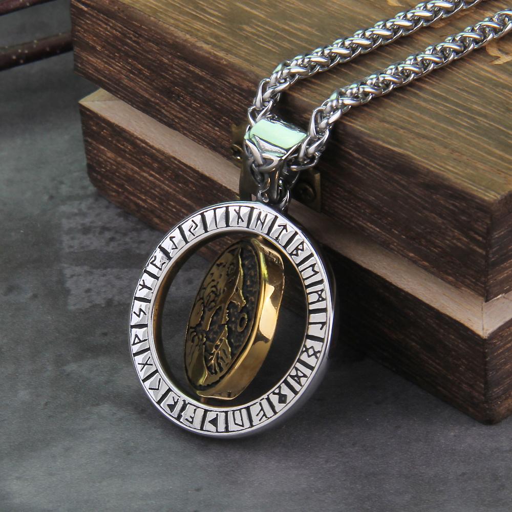 Rotating Wolf Viking Rune Necklace Stainless Steel Chain Tree of Life Pendant Men Gift with Wooden Box