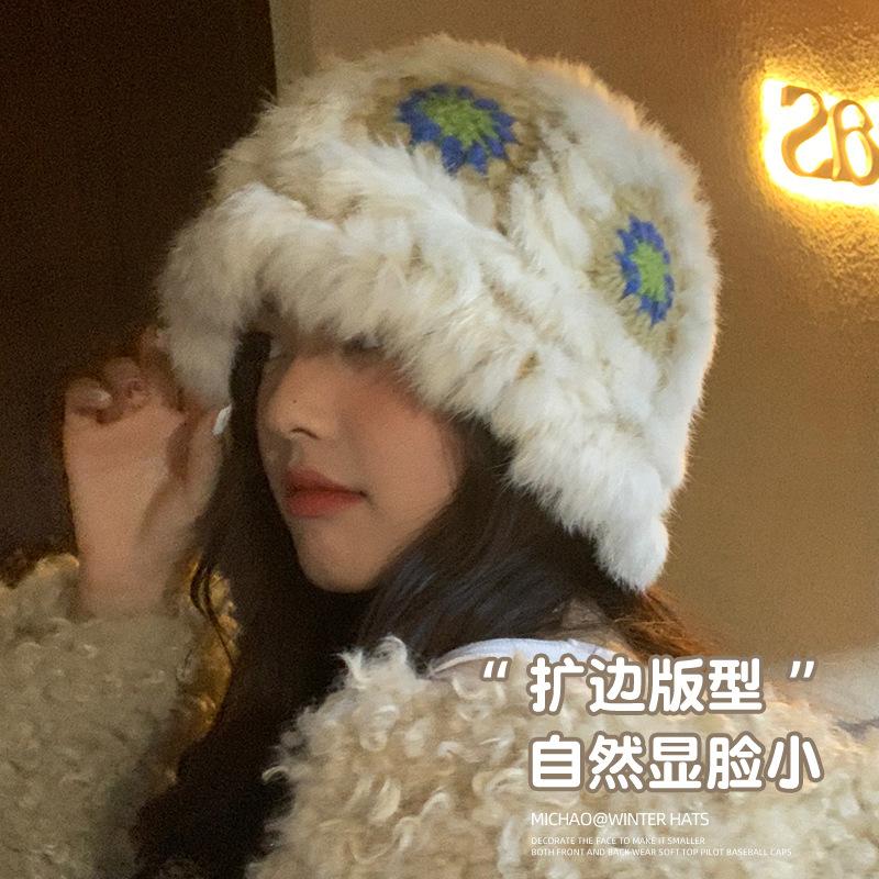 

Rabbit fur lion hat autumn and winter cute warm plush bucket hat versatile face small bucket fluffy basin hat average size [hat circumference: 56-60cm]