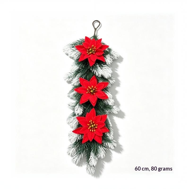 Christmas Teardrop Swag Wreath Artificial Poinsettia Pine Cone Red Berry Hanging Garland For Front Door Wall Home Xmas Decor