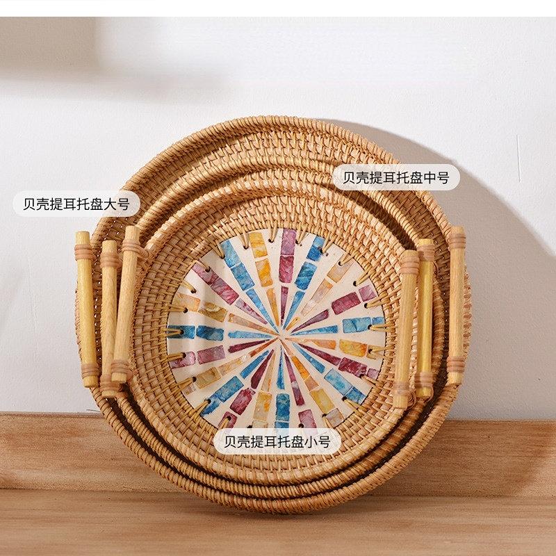 Japanese rattan hand woven color tray fruit household trays decorative simple circular ear-lifting