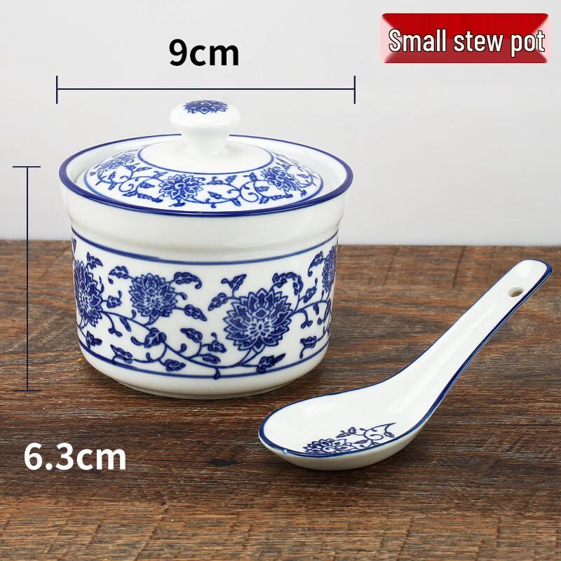 ZISIZ Blue & White Porcelain Dessert Stew Pot with Spoon