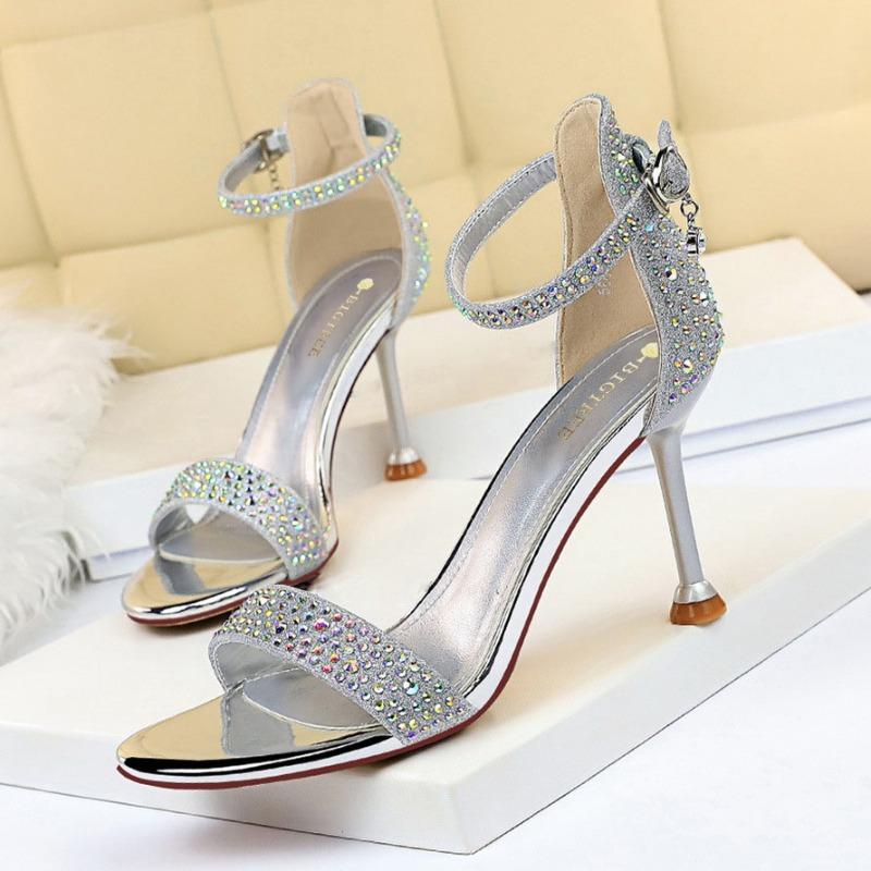 Fashion Rhinestone High Heels Women Pumps Sexy Kitten Heels Party Shoes Open Toe Women Sandals Heel Stiletto Wedding Sandalias De Mujer