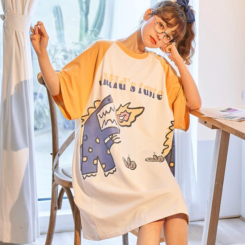 Süßes Sommernachthemd aus Baumwolle mit Cartoon-Motiv für Damen – Kurzarm, lockere Passform, koreanischer Stil, mittellanger Rock