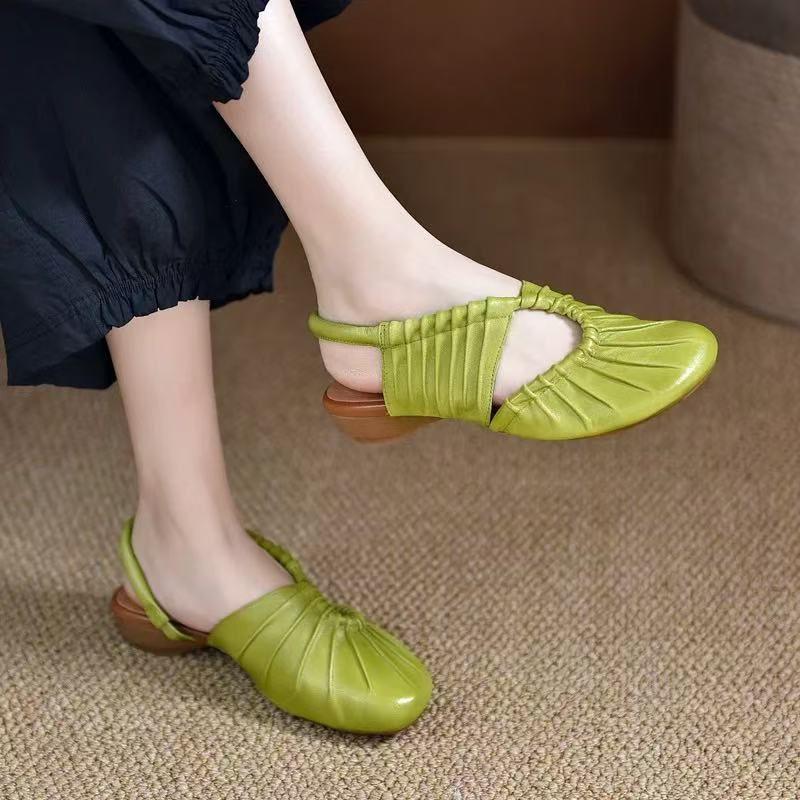 Fashion Original Toe Sandals 25 New Style Thick Heel Beach Roman Sandals Women's Shoes Top Layer Cowhide Low Heel Mom Shoes