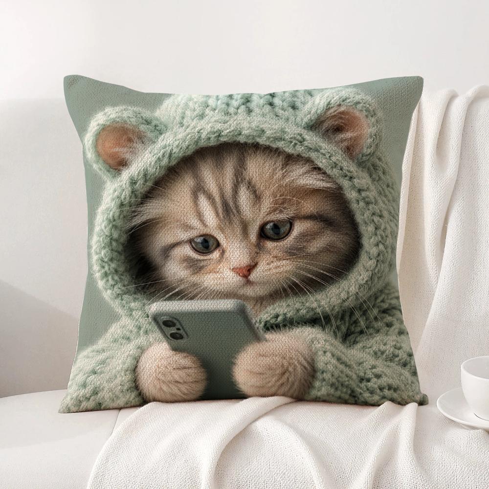 Cute Kitten in Hoodie Cushion Cover Natural Linen Organic Fabric DoubleSided Printing Sofa Home Decor Breathable Bed Pillow