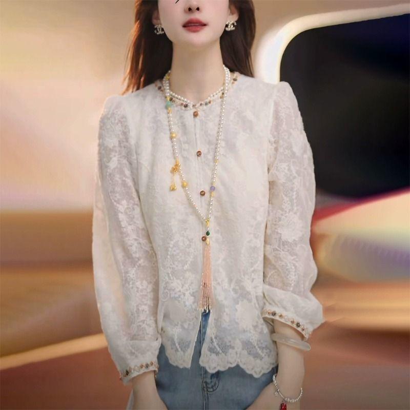 Spring shirt 2025 lace women's high plus size new shirt lace stacked bottoming shirt