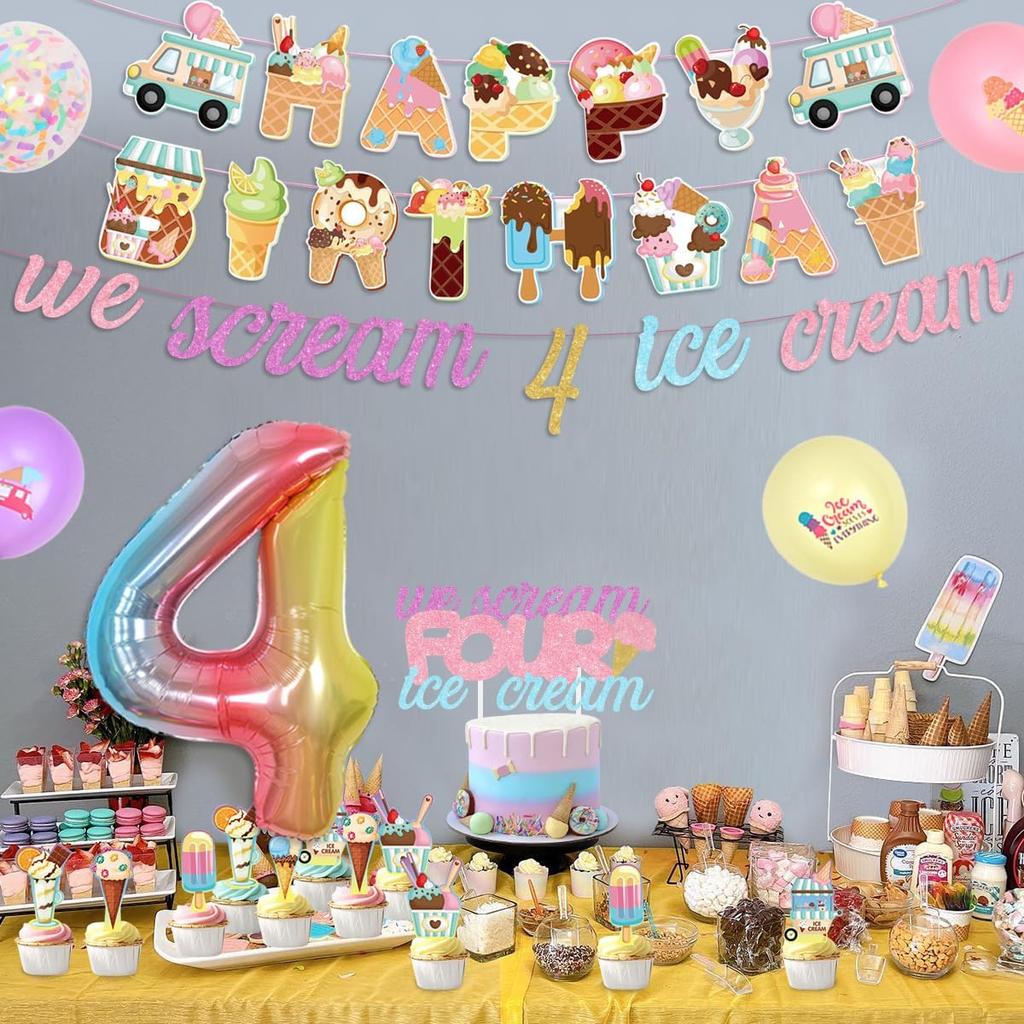 Ice Cream Birthday Party Decorations for 4 Girls Donut 4th Birthday Party Decorations We Scream 4 Ice Cream Banner Cake Topper Cupcake Toppers