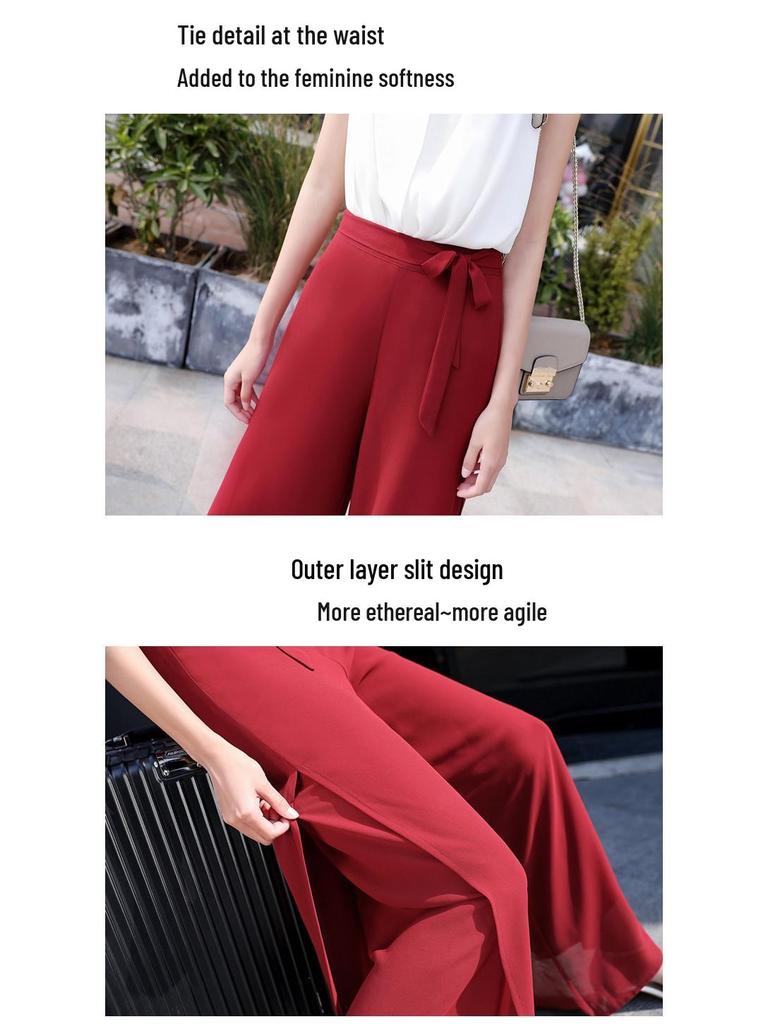 Women's High-Waist Chiffon Wide-Leg Summer Pants with Slit