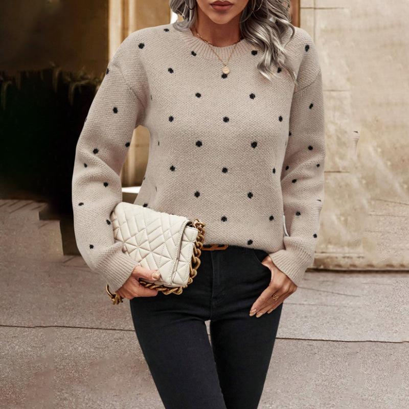 Women's Sweaters, Fashion Round Neck, Long-sleeved Pullover Sweaters, Women's Polka Dot Knitwear Tops