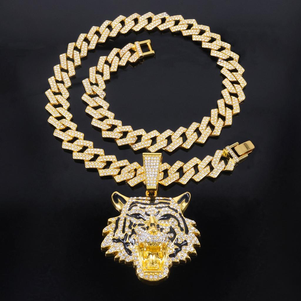 European American Cool 3D Full Rhinestone New Enamel Tiger Head Pendant, Trendsetter Personalized Men Hip Hop Necklace