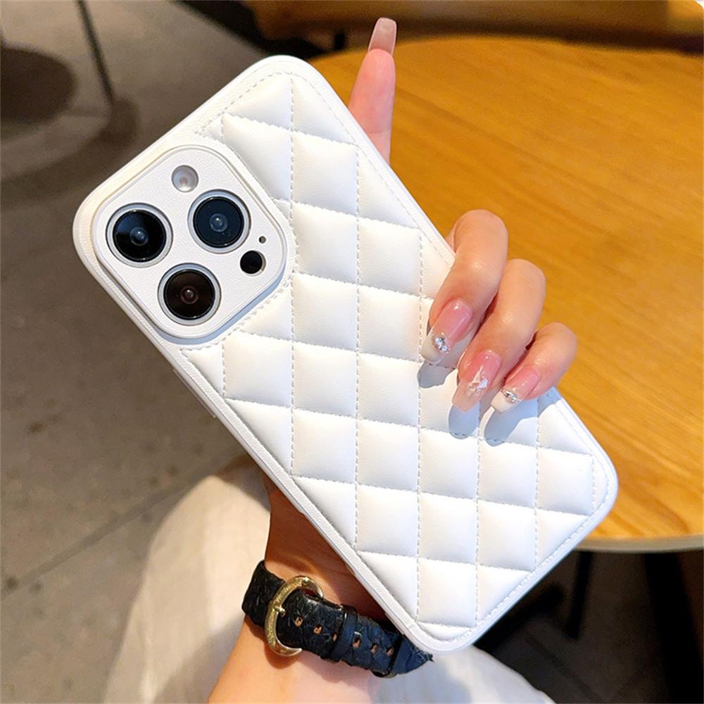 

For iPhone 16 Pro Case Rhombus Stitching PU Leather+TPU Shockproof Phone Cover White