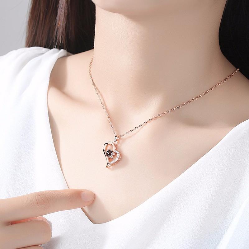 100 Languages I Love You Heart-Shaped Pendant Memory Projection S925 Silver Necklace Female