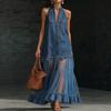 Women Halter Neck Denim Mesh Patchwork Maxi Dress Button Front Ruffle Hem Summer Dress