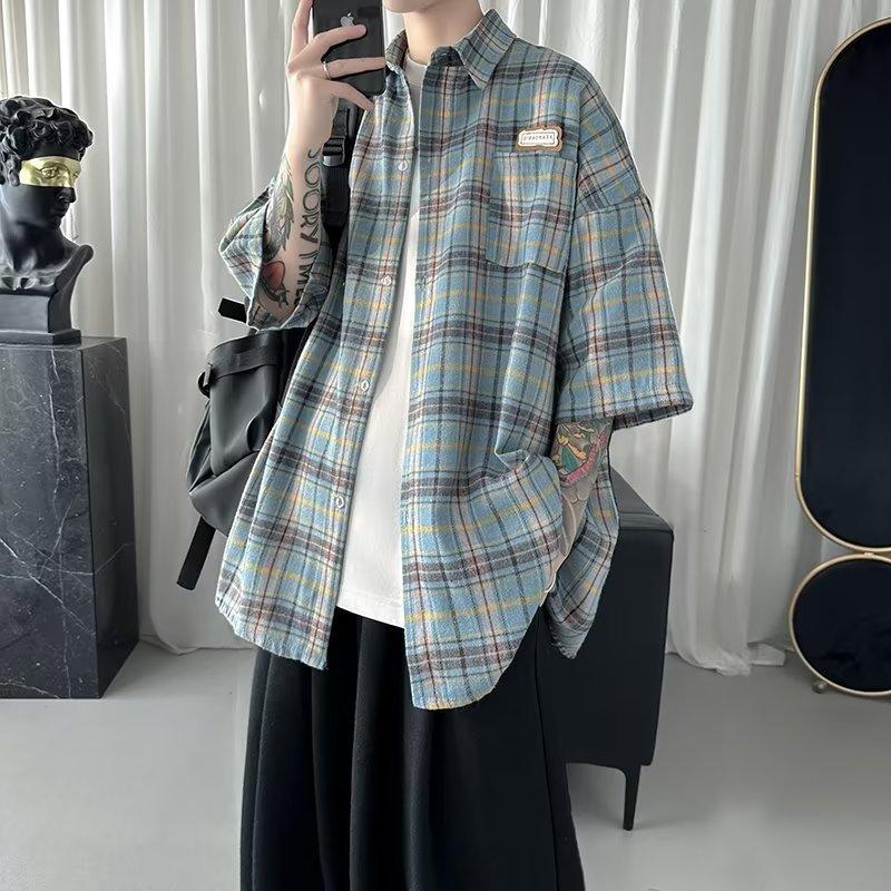 

Summer Y2K Vintage Short Sleeve Shirt for Men Loose Appliques Polos Lapel Plaid Tee Shirts High Street Pocket Blouse XXXL синій