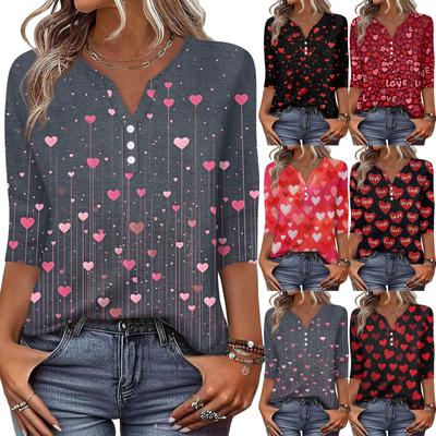 Damen T-Shirt mit Aufdruck, Knopfleiste, 3/4-Ärmel, für den Alltag, Wochenendmode, Basic, V-Ausschnitt, normales Oberteil