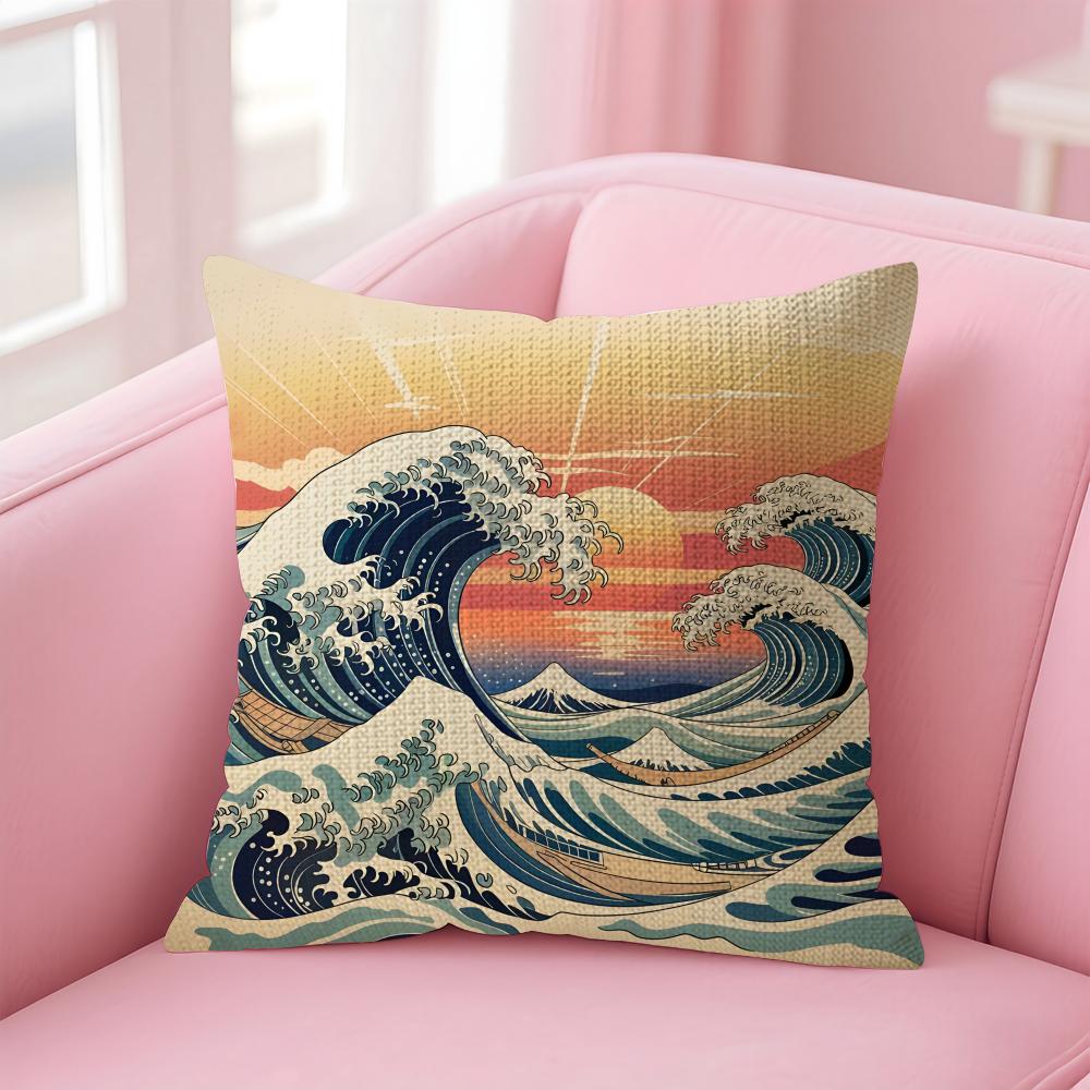 Waves Japanese Style Cushion Cover Natural Linen Pillow Case DoubleSided Print Decorative Sofa Pillowcase Home Decor Gift