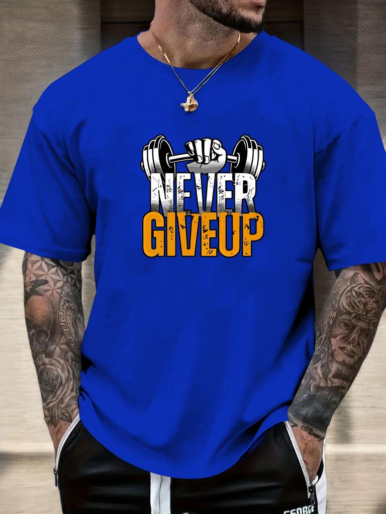 Gym Tshirt 2025 Summer Essential Mens Comfy Everyday Trendy Never Give Up Barbell Print 100 Cotton Short Sleeve Casual Top