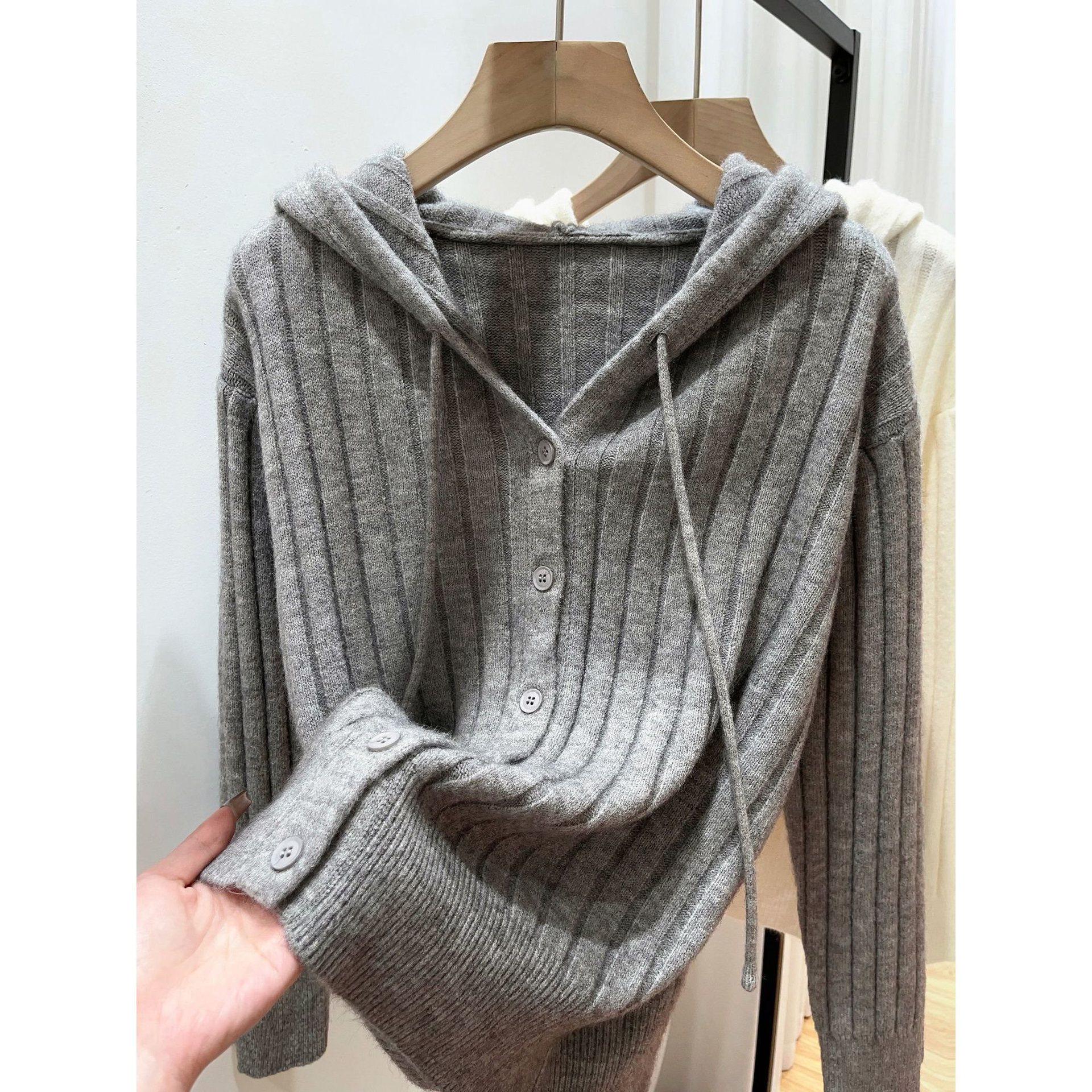 

Женский ленивый трикотажный серый кардиган с капюшоном - Весенне-осенний повседневный, свободный, универсальный свитер. M for 95-110 jin