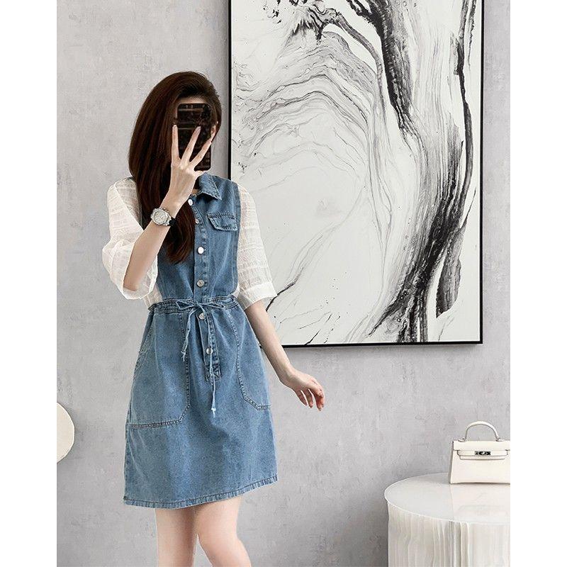 Summer French Style Denim Dress Women Casual Polo Collar Slim Fit Youthful Fashion