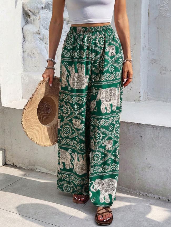 

2026 European & American Fashion Elastic Waist Wide-Leg Pants - Spring to Autumn Small зелений