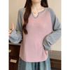 Women's Autumn New Long-sleeved T-shirt for Women Loose Belly-covering Stitching Contrasting Color Sweet Top