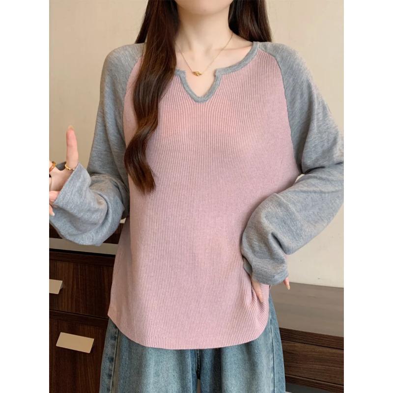 Women's Autumn New Long-sleeved T-shirt for Women Loose Belly-covering Stitching Contrasting Color Sweet Top