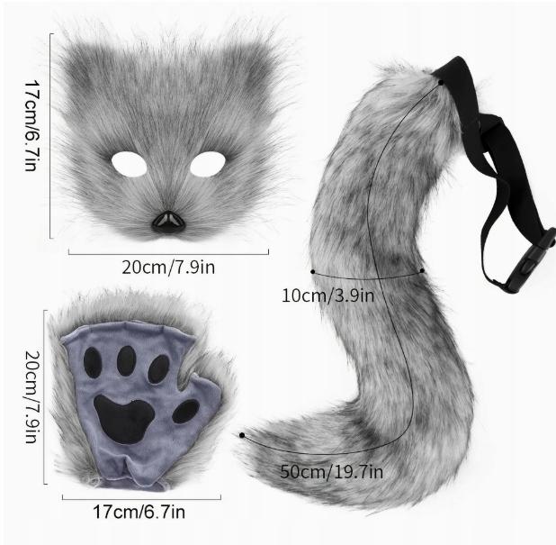 Maska Kot Cosplay Furry Ogon Łapki Mitenki Wilk Lis Futrzak Zestaw 3Szt