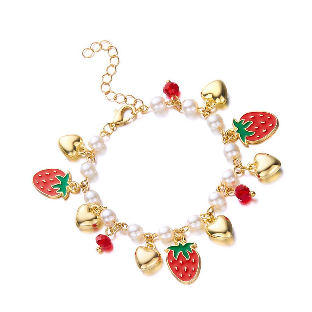 3D Strawberry Cherrys Heart Pearls Beaded Bracelet for Women Adjustable Lovely Vocation Fruit Jewelry Statement Pieces