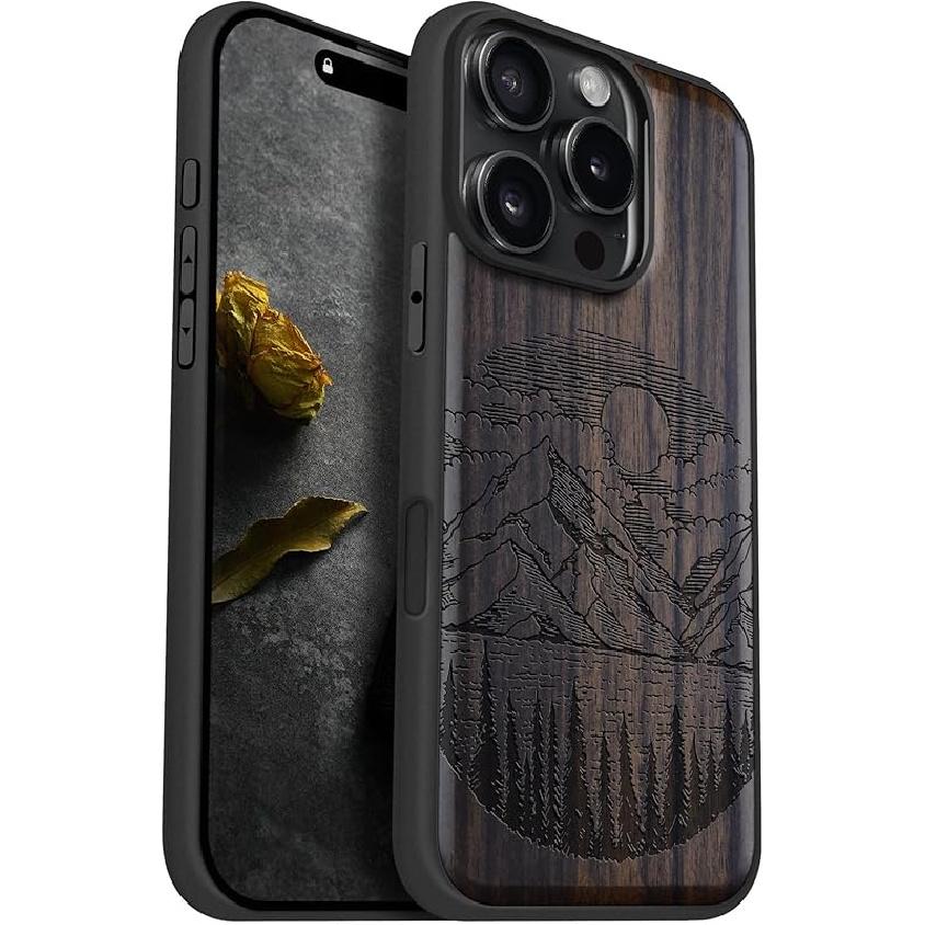 Carveit Magnetic Wooden Case for iPhone 16 Pro Case, Wood Artisan Engraved & Black Soft TPU Shockproof Cover, Compatible with MagSafe Wireless Lakes-Black