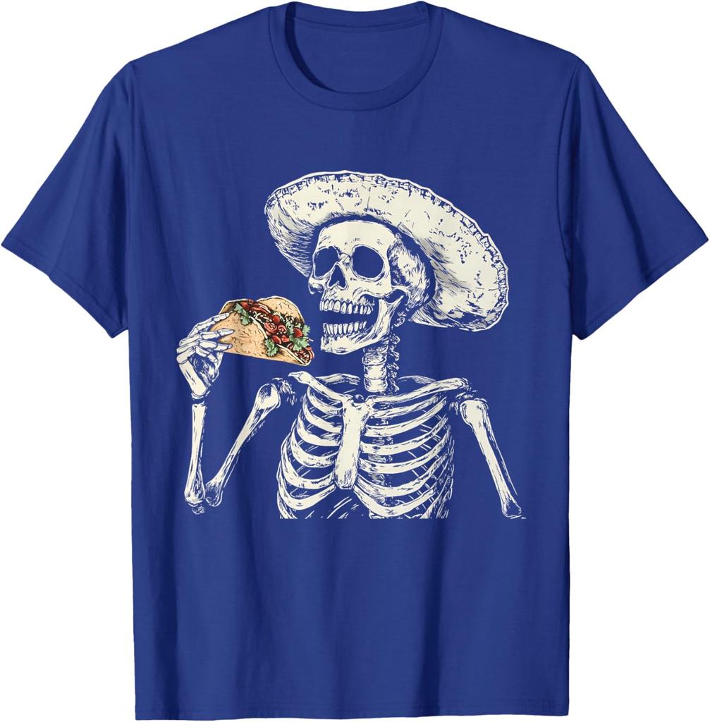 Skeleton Eating Taco Sombrero Graphic Tee Mexican Dia De Muertos Lover Casual Cotton T-Shirt