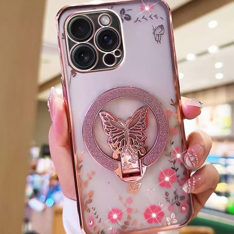 Applicable To Apple 16pro Secret Garden Mobile Phone Case Butterfly Glitter Powder Stand IPHONE15 Transparent Protective Case I14