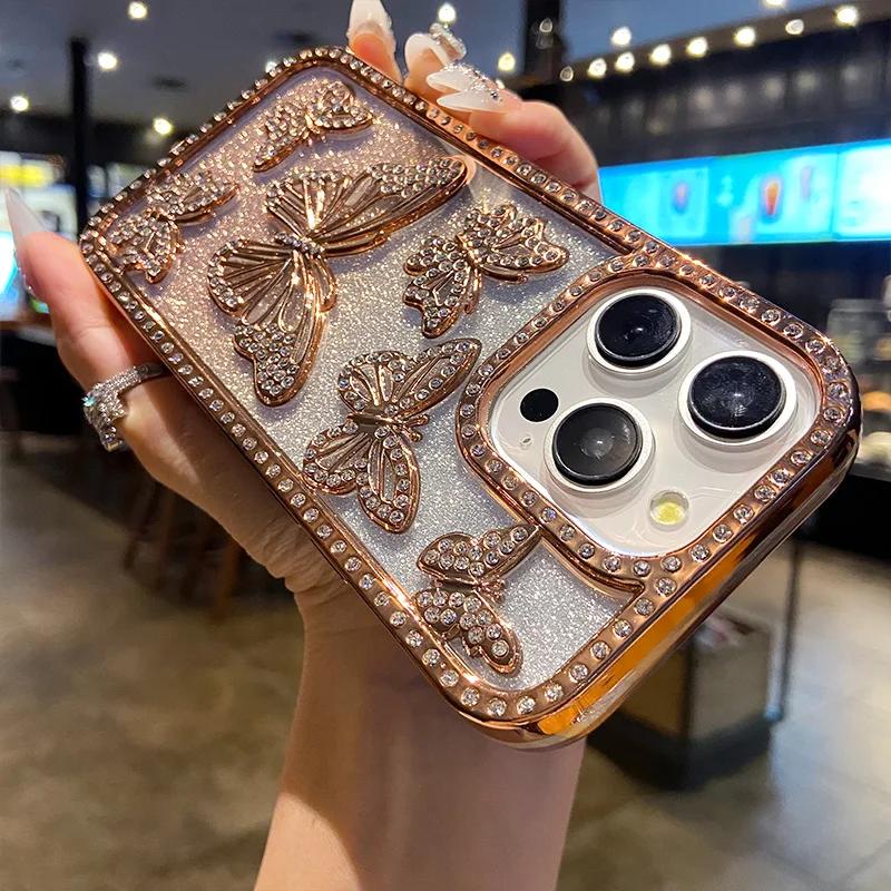 3D Fashion Electroplate Butterfly Glitter Diamond Phone Case for IPhone 17 16 Pro Max 15 14 13 12 11 Transparent Back Cover