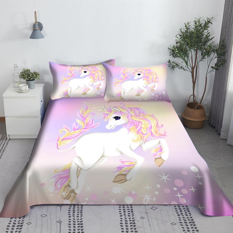 Pink Unicorn Sheet 3D Printed Cartoon Polyester Bed Flat Sheet With Pillowcase Kids Girls Children Bedding Gift