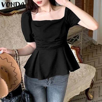 Damen Bluse mit quadratischem Ausschnitt, Puffärmeln und Rüschen, lässig geknittert