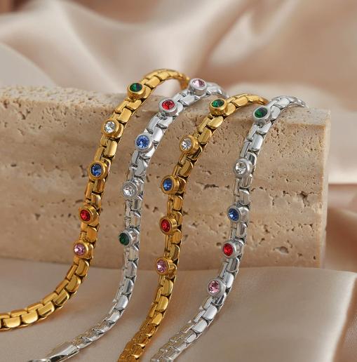 Colorful Zircon Price Silver Gold Plated Fashion Jewelry Blade Link Chain Bracelets Stainless Steel Bracelets for Women